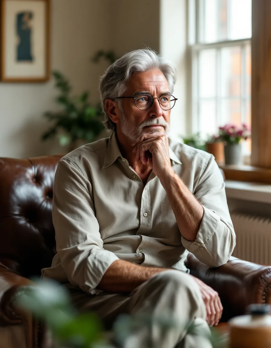 An executive coach seated in a leather chair in a warm farmhouse office
